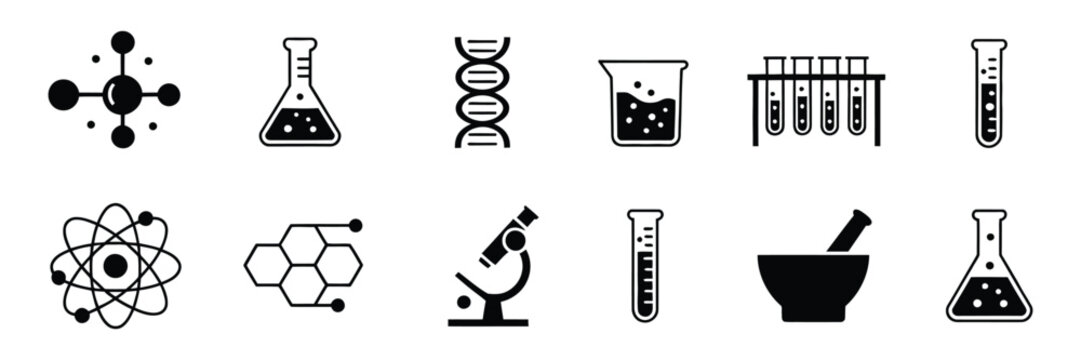 Science Laboratory Icons on White Background, Chemistry Vector Illustration of Flasks