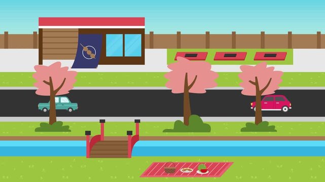Japanese Street Scene in Spring with Cherry Blossoms, Dango Shop, and Picnic by the River cartoon animation
