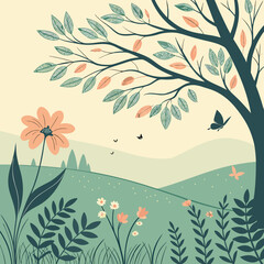 A serene landscape with a blooming tree and vibrant flowers in a lush valley