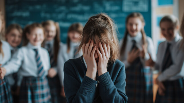 Sad schoolgirl hiding face while experiencing bullying and harassment from laughing students, facing isolation and peer pressure in classroom, concept of social exclusion