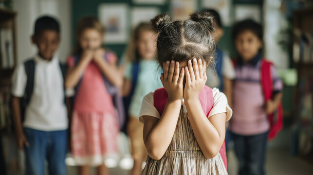 Young schoolgirl covering her face with hands, isolated and upset in a hallway as classmates stand behind her, conveying childhood bullying, shame and loneliness