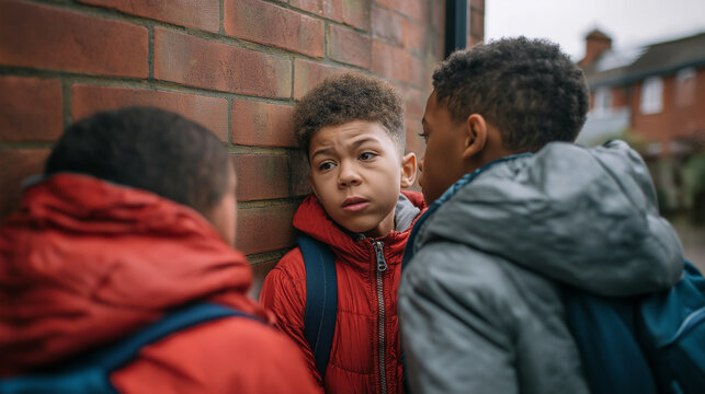 Young boy cornered against a brick wall by two older peers, visibly frightened and distressed as he endures intimidation and harassment in a schoolyard confrontation