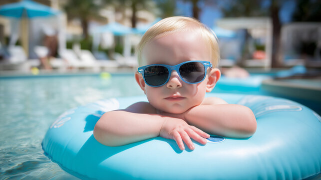 Blonde baby wearing blue sunglasses, floating on an inflatable ring, relaxing in a swimming pool on a warm summer day at a resort, enjoying vacation