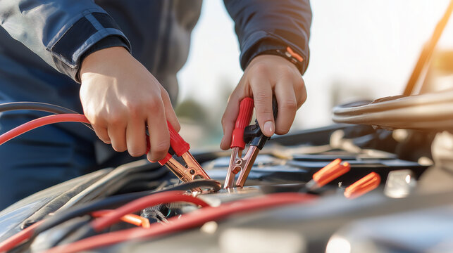 Hands connecting jumper cables to a car battery, providing emergency power to jump start a vehicle with a dead battery and assisting with roadside repair