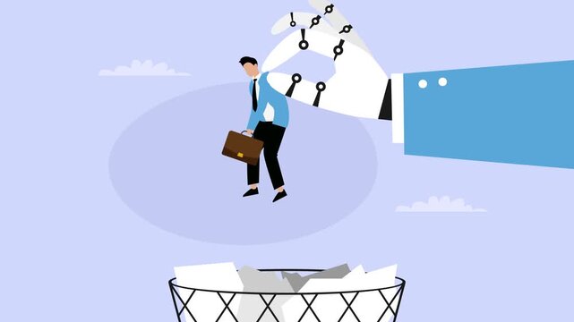 AI Replacing Human Workers Concept: Giant Robotic Hand Throwing Businessman into Trash Can cartoon animation