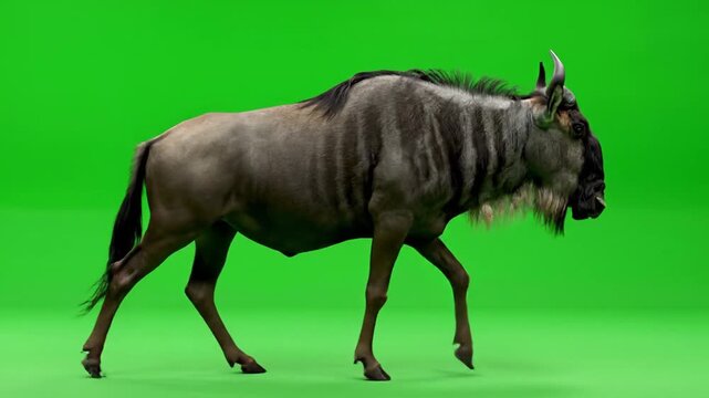 A wildebeest walks across the savannah in a slow-motion video capture from a low angle viewpoint