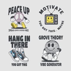 Groovy retro cartoon sheet peace, TV, shoes, And disco ball Vector illustration