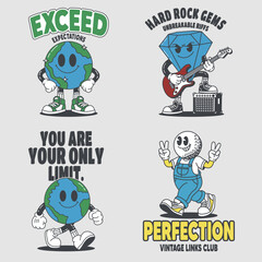 Groovy retro cartoon sheet earth, golf, And diamond Vector illustration