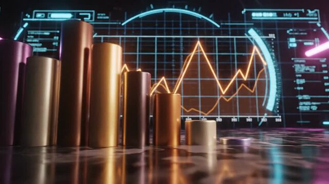 A 3D bar graph with rising trend displayed on a digital interface with neon lights in a futuristic setting