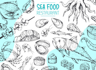 Seafood restaurant background. Menu cover or flyer design. Hand drawn fish. Sketch style crab salmon and octopus, different seashells. Delicacy mollusk. Vector isolated illustration © SpicyTruffel