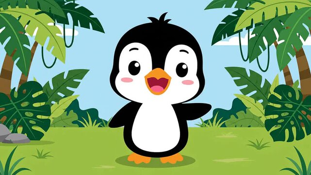 Cute cartoon penguin illustration. adorable animal mascot character. vector graphic tropical jungle. happy baby bird waving. kid friendly design element.