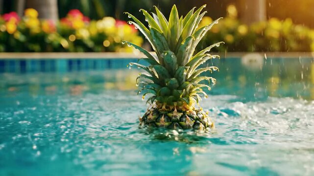 Fresh Pineapple Floating in Tropical Pool with Water Splash