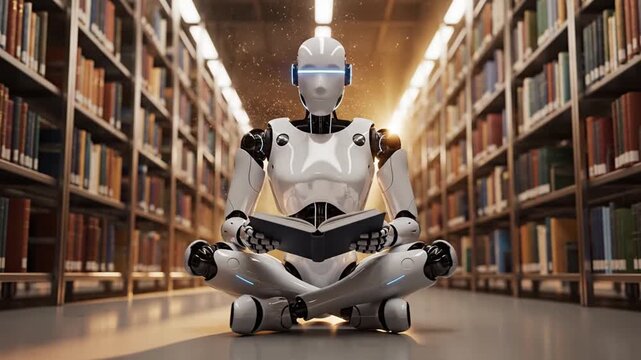 A futuristic robot meditates surrounded by towering bookshelves in a serene library setting