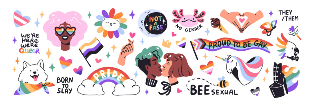 Pride Month set. Kissing lesbians, rainbow flags, homosexual people, unicorn and sparkles. LGBT community. Diversity, solidarity and queer love concept. Flat isolated vector illustrations on white.