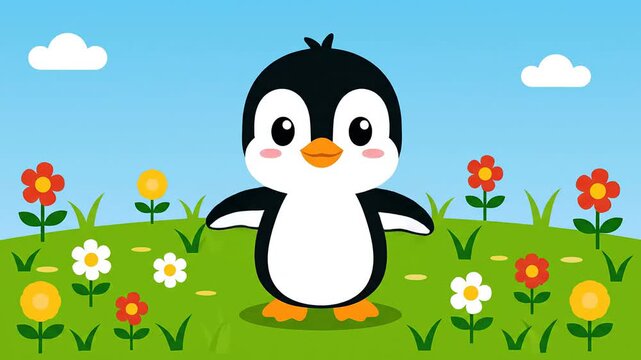 Cute cartoon penguin. friendly animal character. kids education graphic. spring garden background. simple mascot design.