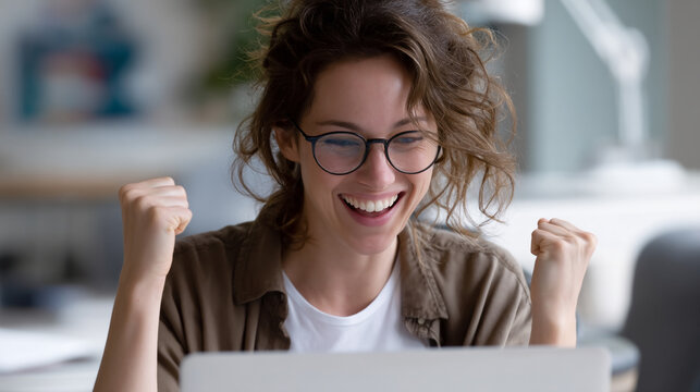 Excited woman celebrating success, fists pumped in the air, looking at laptop screen with joy