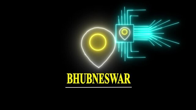 Bhubaneswar tex animated video . glowing whith location the name of the place with the location has been displayed. Neon Geolocation Marker &ndash; Bhubaneswar Highlight GPS location tracking icon,