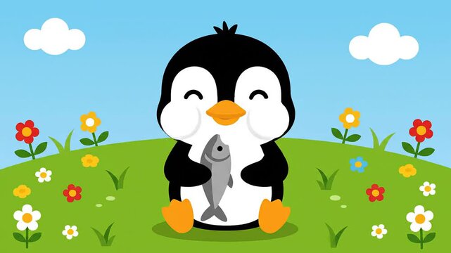 Cute penguin illustration. happy cartoon animal. baby character graphic. summer nature design. friendly mascot vector.