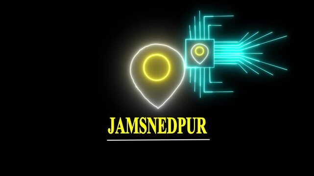 Jamshedpur tex animated video . glowing white location the name of the place with the location has been displayed. Neon Geolocation Marker &ndash; Jamshedpur Highlight GPS location tracking icon,