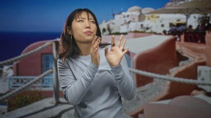 Fototapeta premium Young chinese woman wearing grey top and hoop earrings raises hands shielding face and turning away at building terrace by sea; surprise.