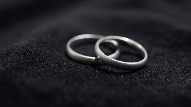 Minimalist composition of two silver wedding rings on dark velvet with subtle glow. lifestyle magazines, social media lookbooks, designed for lifestyle magazines and social media content.