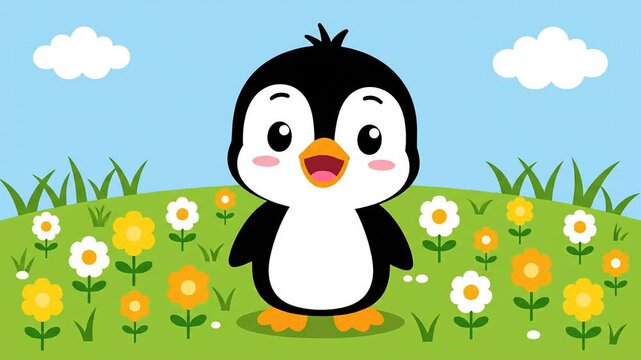 Cute cartoon penguin. happy spring illustration. kids education graphic. little baby animal. simple character design.