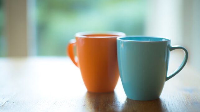 Two ceramic mugs of different colors interlocked on a wooden table. bar promotions, beverage menus, designed for product packaging and bar promotions, used by logistics managers.