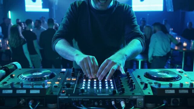 DJ mixing music on professional controller in nightclub with crowd dancing and blue lighting for party entertainment and nightlife event.