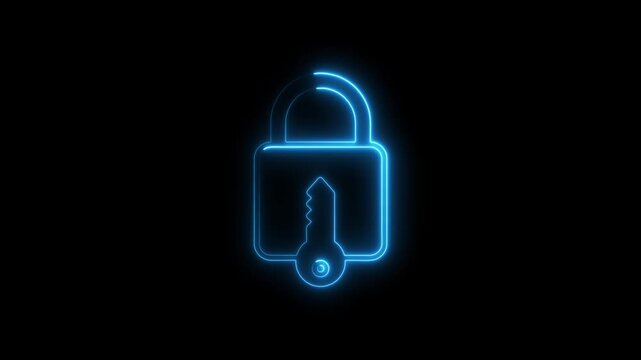 Neon blue lock with keyhole and inserted key on black background secure access and safety symbol neon lock