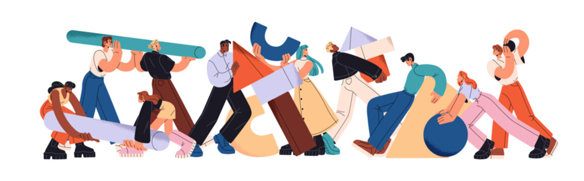 Concept of teamwork, business partnership, collaboration. Team carries geometric figures, creates building together. Group of employees works in cooperation. Flat isolated vector illustration on white