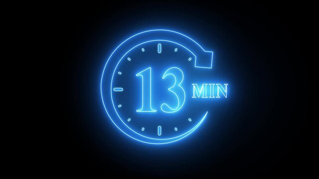 Neon Blue Clock with Number 13 Glowing on Black Background neon clock glowing clock number 13