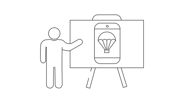 Presentation of Mobile App with Parachute Icon on Screen.