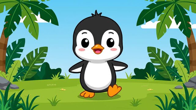 Cute cartoon penguin. happy animal character. tropical jungle illustration. kids mascot design. adorable baby bird.