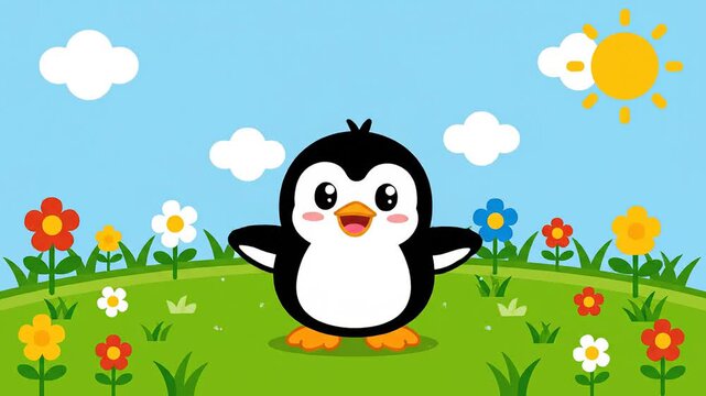 Cute penguin cartoon vector. happy animal character illustration. flat design bird graphic. childlike drawing nature meadow. cheerful mascot standing outdoor.