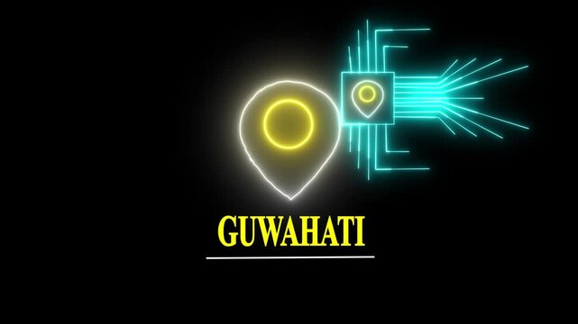 Guwahati country location pin animation. GPS tracking map pointer icon with alpha channel and black background, Neon location has been displayed. 4K video.