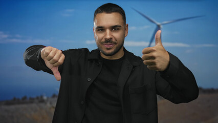 Fototapeta premium Man showing confident thumbs up and disappointed thumbs down gestures in studio; uncertainty and choice.
