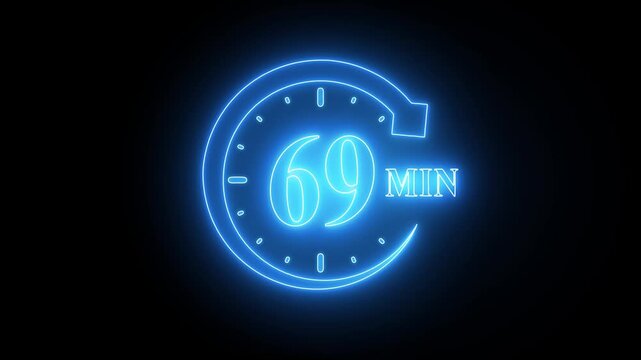 Glowing Blue Neon Clock with Countdown Timer 69 Seconds on Black Background glowing clock timer clock seconds countdown