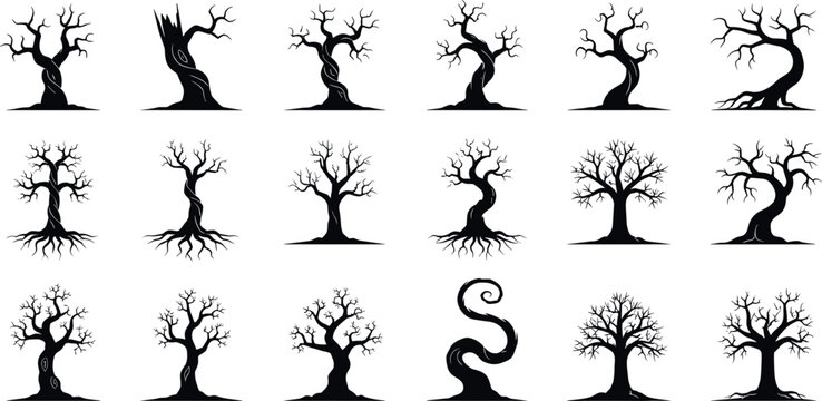 Black silhouette collection of stylized bare trees with twisted trunks, branching canopies and visible root systems