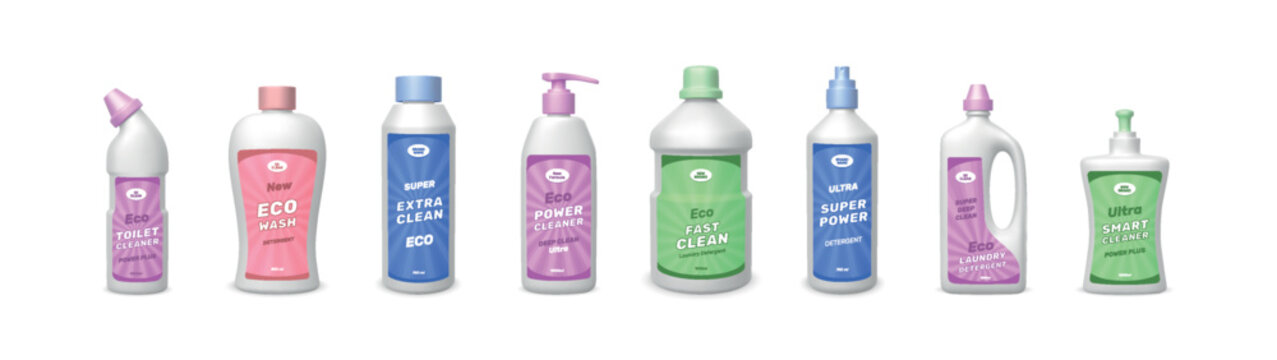 3D detergent. Laundry wash powder. Cleaning product bottle. Liquid fluid capsule box. Ecological toilet cleanser. Dishwashing package. Household chemical. Vector packaging mockup set
