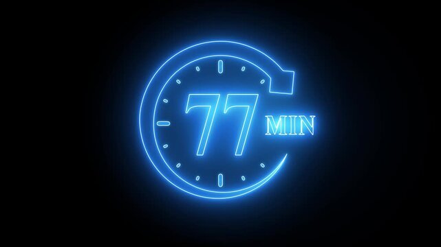 Glowing Blue Neon Clock with Number 77 on Black Background glowing clock face