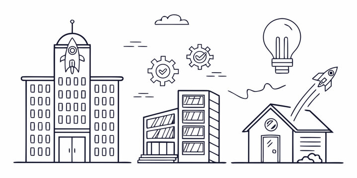 Illustration of urban and suburban buildings with innovative elements