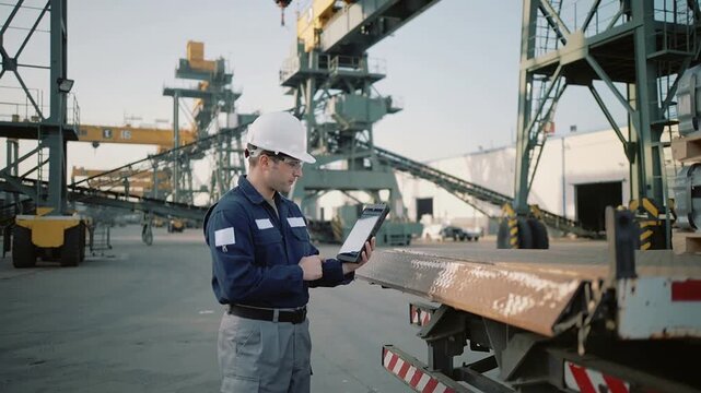 Worker in protective gear using tablet for inspection and data entry at industrial site with heavy machinery and steel structures in background outdoors during daytime.