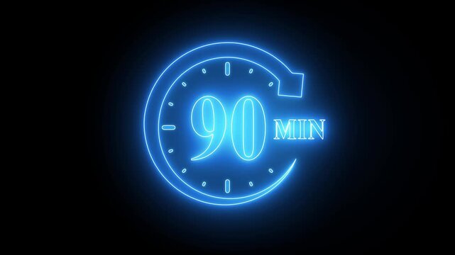 Neon Blue 90 Second Timer Countdown Clock Glowing Blue Numbers and Clock Hands on Black Background