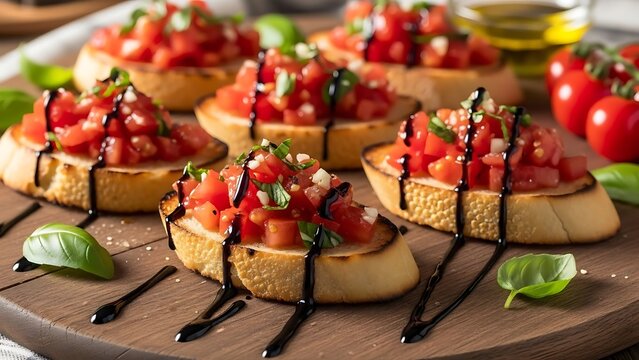 Fresh tomato bruschetta with balsamic glaze and basil on wooden board