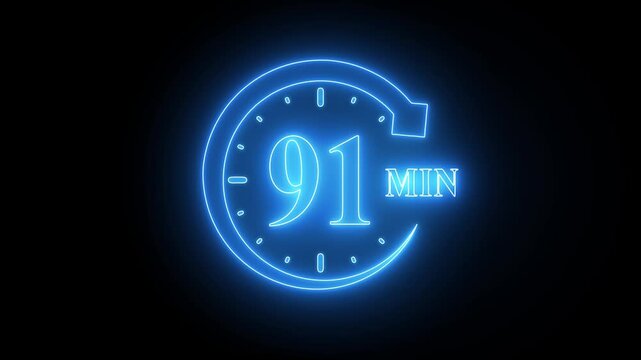 Glowing Blue Neon Clock with Countdown Timer 91 Seconds on Black Background glowing clock