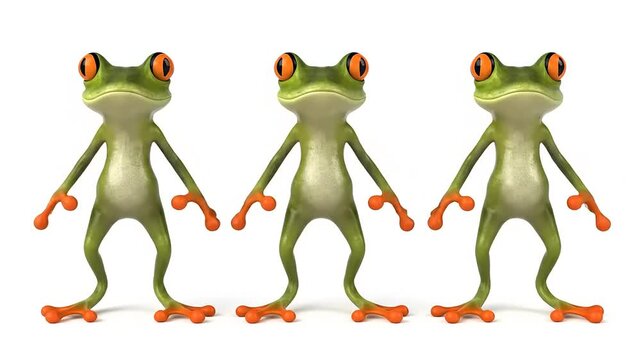 Three green tree frogs standing in a row, cartoon style, on a white background, cute, amphibian, tropical, exotic, funny, whimsical, design element.