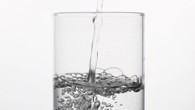 Clear water pouring into a glass in slow motion, forming bubbles and ripples in a clean studio 4K shot.