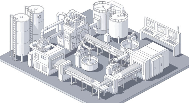 Isometric illustration of a complex industrial manufacturing plant with multiple processing units, conveyor belts, and control stations.