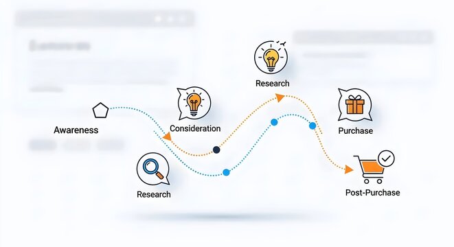 Customer journey map with awareness to post-purchase stages.