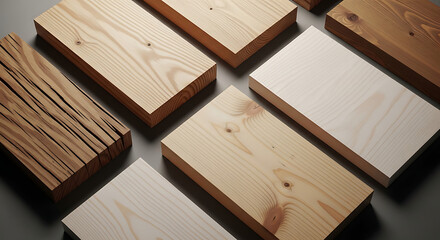 Fototapeta premium Assortment of Natural Wood Planks and Boards with Diverse Textures on Grey Background